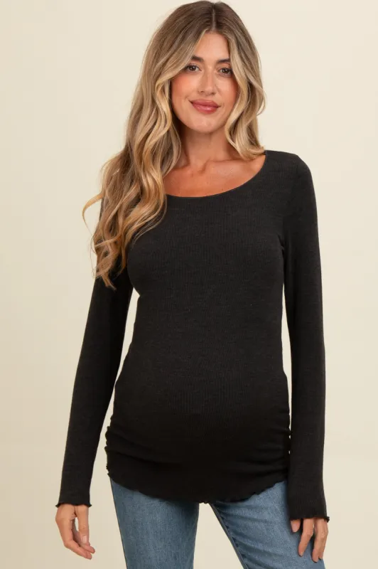 Charcoal Ribbed Knit Long Sleeve Lettuce Hem Maternity Top sold by Pinkblush