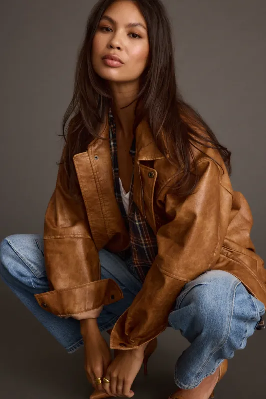 London Calling Cognac Oversized Faux Leather Jacket sold by 12th Tribe