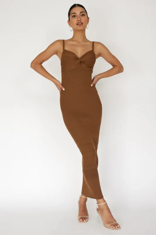 Chocolate Sleeveless Ribbed Front Twist Maxi Dress sold by Pinkblush