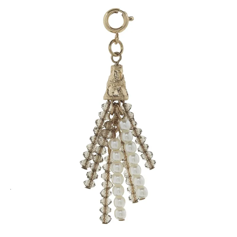 Antique Gold Black Diamond and Ivory Pearl Beaded Tassel Charm sold by Charming Charlie