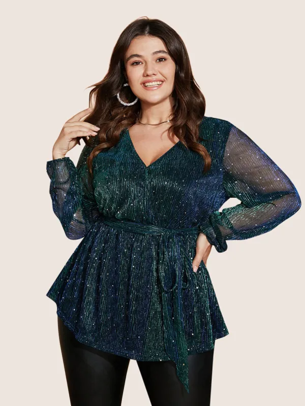 Sequin Mesh Lantern Sleeve Wrap Belted Striped Blouse sold by Bloomchic