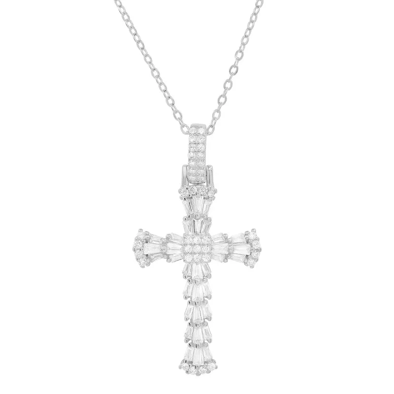 Sterling Silver Luxurious Baguette-cut CZ Cross Pendant sold by Charming Charlie