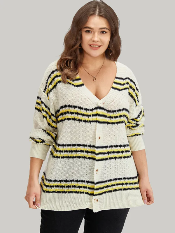 Striped Contrast Button Up Drop Shoulder Cardigan sold by Bloomchic