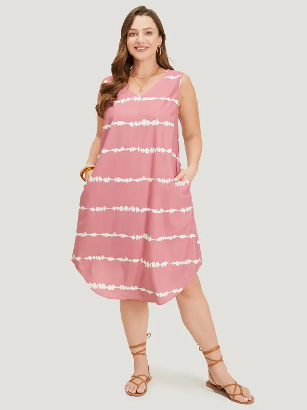 Tie Dye Striped Pocket V Neck Arc Hem Tank Dress sold by Bloomchic