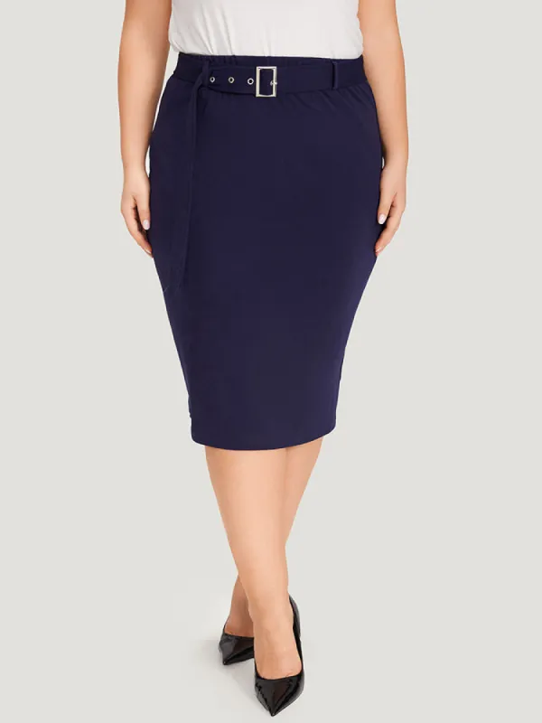 Plain Belted Split Hem Skinny Skirt sold by Bloomchic