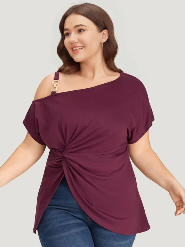 Metal Detail Twist Hem Asymmetrical One Shoulder T-shirt sold by Bloomchic