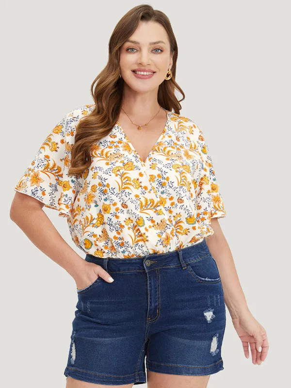 Plants Print Patchwork Surplice Neck Bodysuit sold by Bloomchic