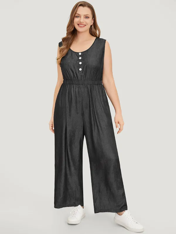 Solid Pocket Button Detail Zipper Tank Jumpsuit sold by Bloomchic