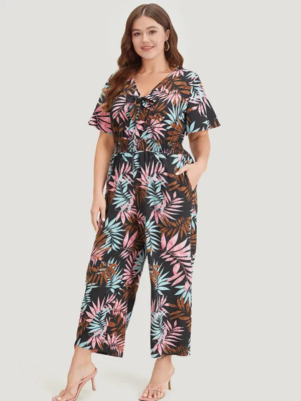 Tropical Print Knot Neck Shirred  Wrap Jumpsuit sold by Bloomchic