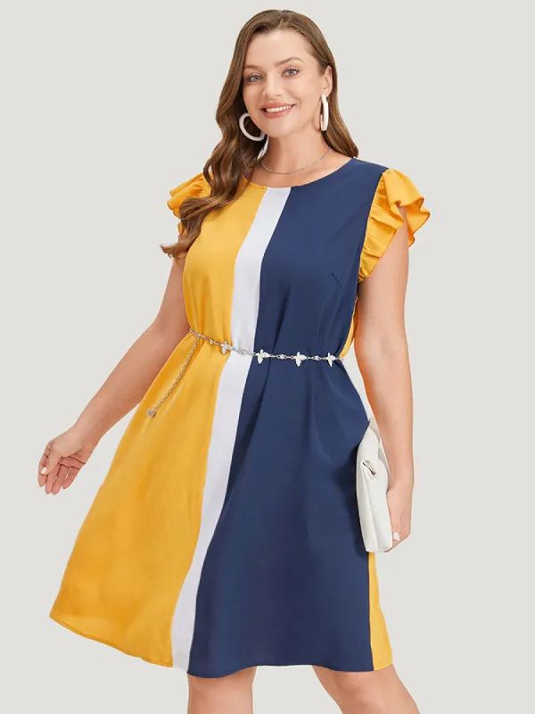 Contrast Patchwork Pocket Ruffle Cap Sleeve Dress sold by Bloomchic