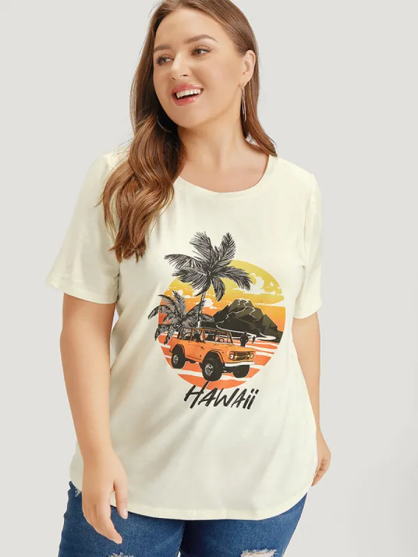 Coconut Tree & Car Print Crew Neck T-shirt sold by Bloomchic