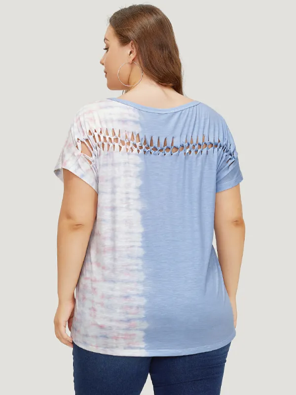 Tie Dye Batwing Sleeve Cut Out Two Tone T-shirt sold by Bloomchic