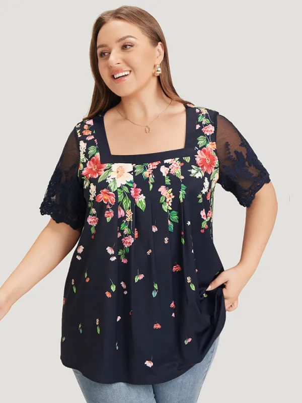 Floral Pleated Mesh Lace Sleeve Square Neck Blouse sold by Bloomchic