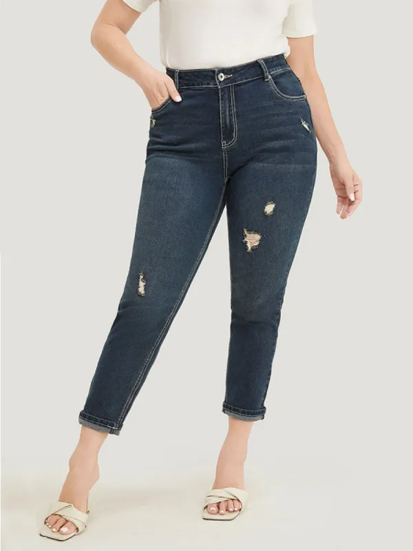 Very Stretchy  High Rise Dark Wash Distressed Stitch Jeans sold by Bloomchic
