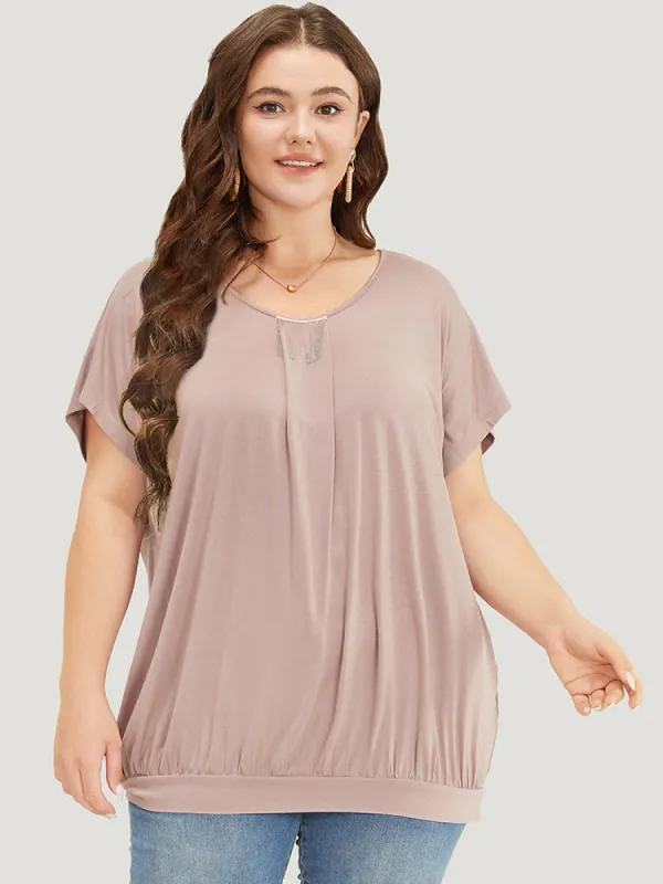 Solid Fringe Hem Batwing Sleeve  Gathered T-shirt sold by Bloomchic