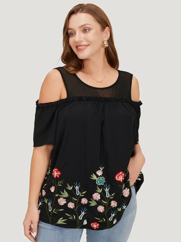 Floral Embroidered Frill Trim Cold Shoulder Blouse sold by Bloomchic