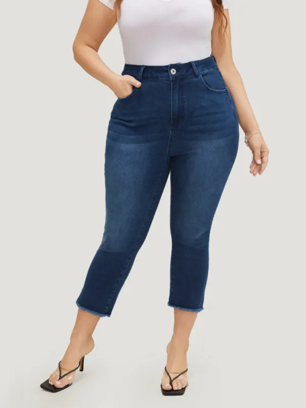 Very Stretchy High Rise Dark Wash Raw Hem Cropped Jeans sold by Bloomchic