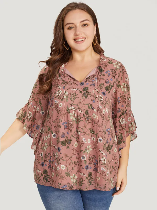 Floral Tie Neck Frill Trim Bell Sleeve Blouse sold by Bloomchic