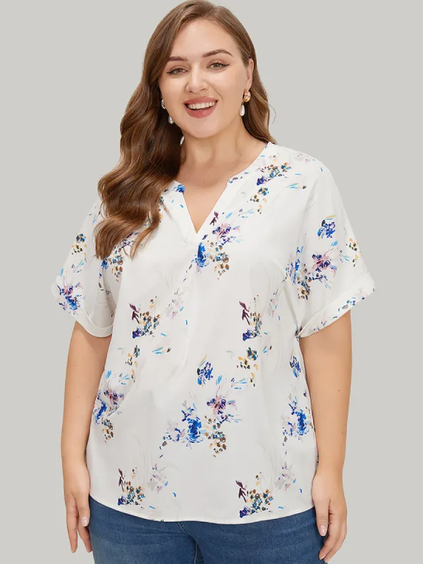 Floral Roll Batwing Sleeve Notched Neck Blouse sold by Bloomchic