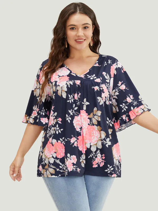 Floral Print Flutter Sleeve Gathered Detail T-shirt sold by Bloomchic