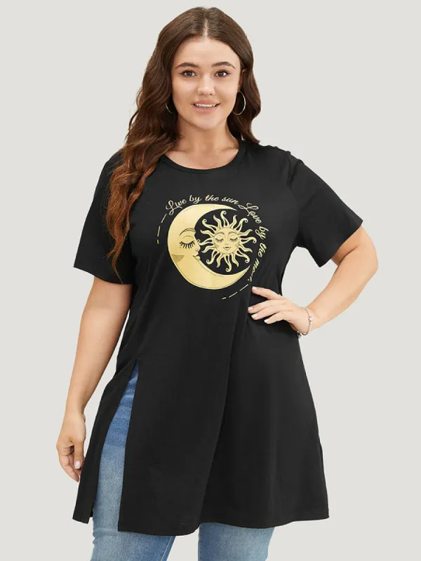 Moon & Letter Print Split Hem T-shirt sold by Bloomchic