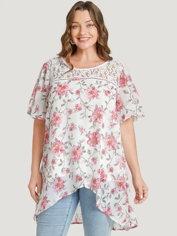 Floral Lace Ruffle Sleeve High Low Hem Blouse sold by Bloomchic