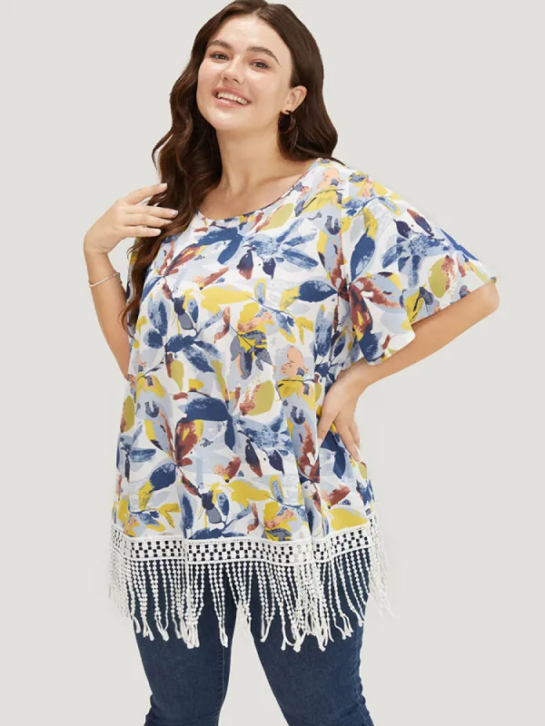 Plant Print Ruffle Sleeve Lace Fringe Hem Blouse sold by Bloomchic