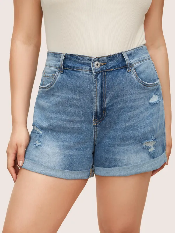 Skinny Very Stretchy Light Wash Roll Hem Distressed Denim Shorts sold by Bloomchic