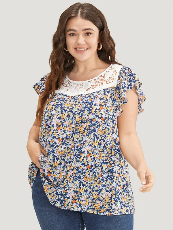 Ditsy Floral Ruffle Sleeve Contrast Lace Blouse sold by Bloomchic