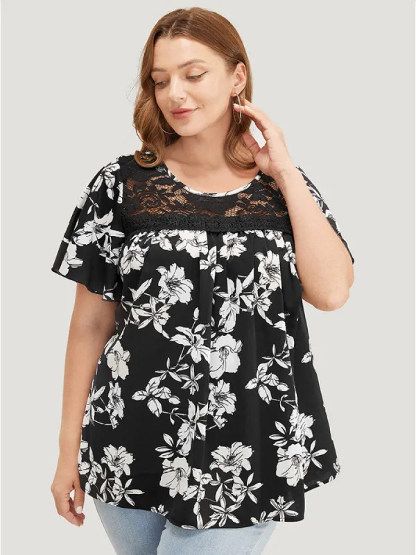 Floral Print Gathered Lace Patchwork Blouse sold by Bloomchic