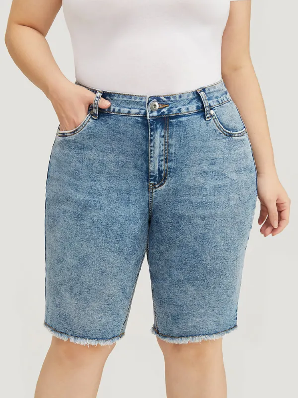 Skinny Moderately Stretchy Dark Wash Raw Hem Denim Shorts sold by Bloomchic