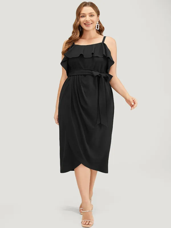 Solid Ruffle Trim Belt Pleated Detail Bodycon Cami Dress sold by Bloomchic