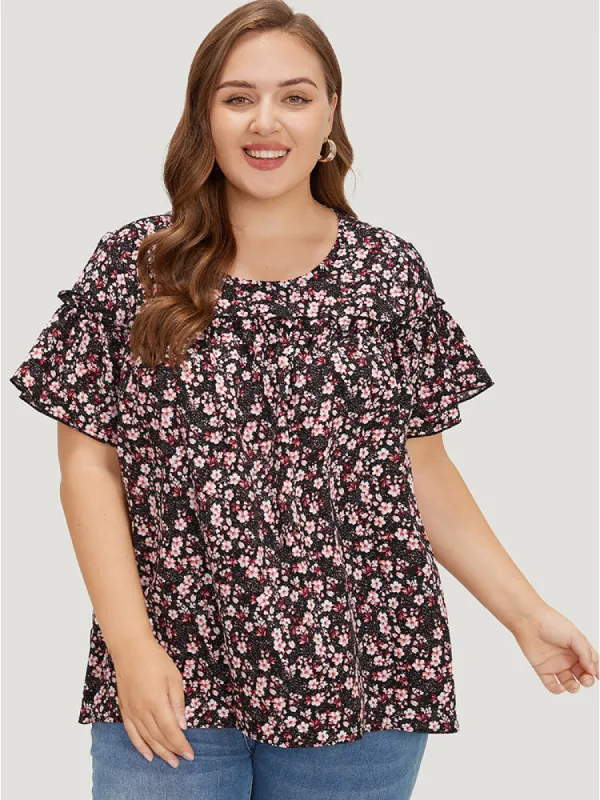 Ditsy Floral Frill Trim Gathered Ruffle Sleeve Blouse sold by Bloomchic