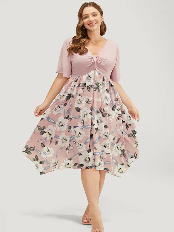 Floral Hanky Hem Ruffle Pocket Ruched Drawstring Dress sold by Bloomchic