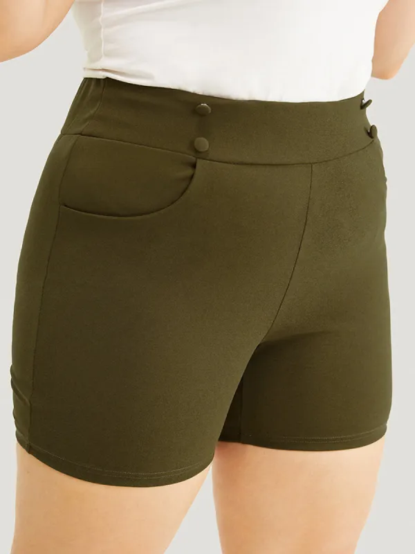 Solid Elastic Waist Button Detail Pocket Shorts sold by Bloomchic