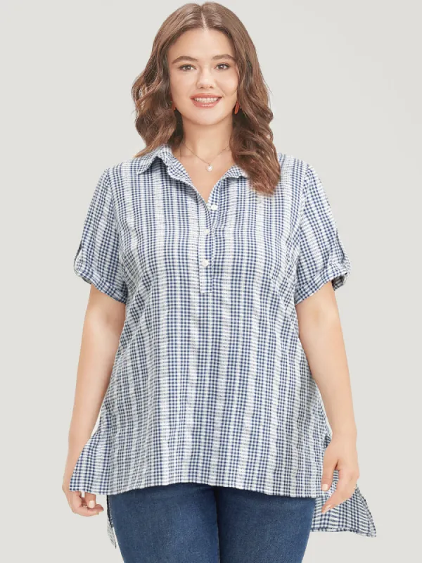 Plaid Shirt Collar Button Up Cuffed Sleeve Split Blouse sold by Bloomchic