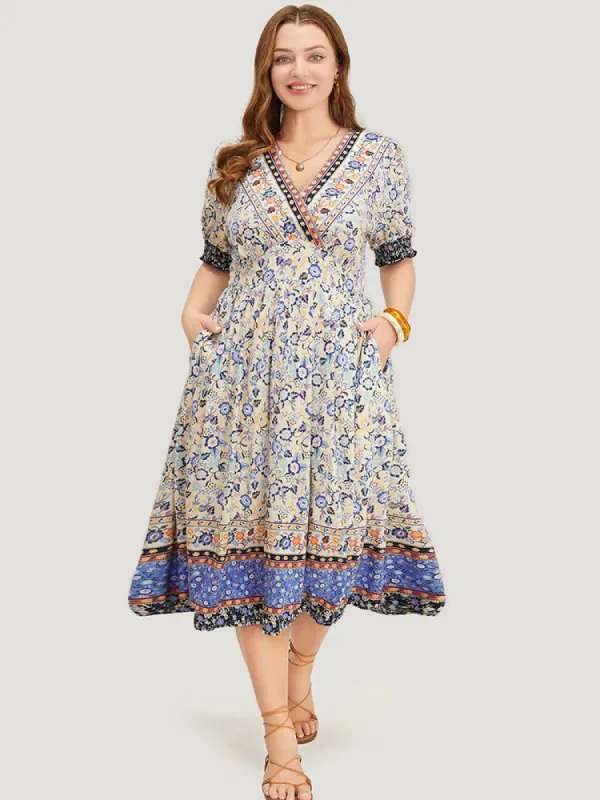 Bandana Print Surplice Neck Pocket Shirred Puff Sleeve Dress sold by Bloomchic