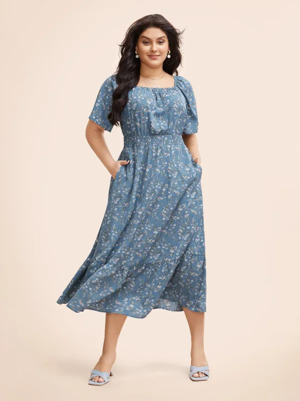 Ditsy Floral Pocket Square Neck Shirred Ruffles Dress sold by Bloomchic
