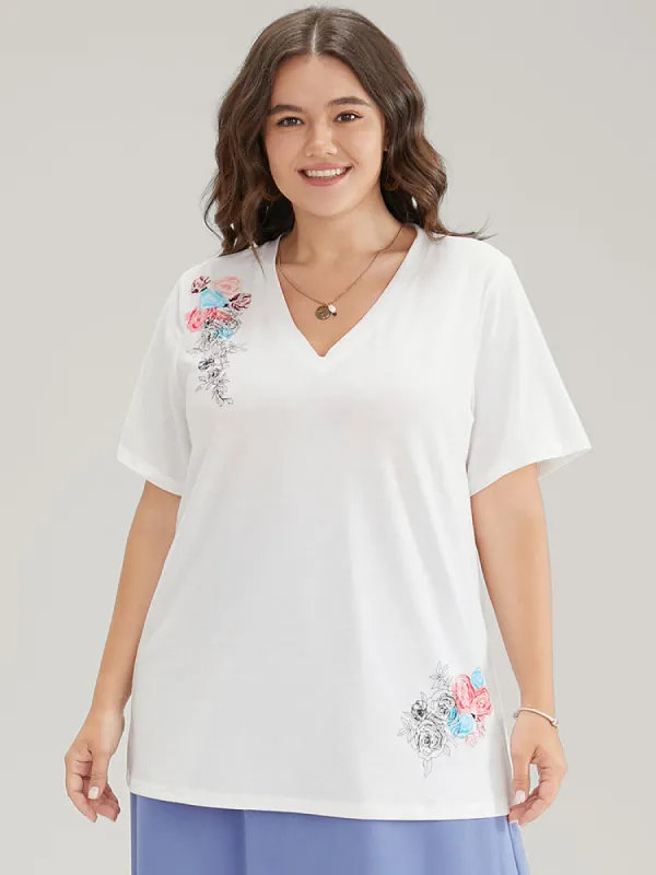 Floral Printed Contrast V Neck T-shirt sold by Bloomchic