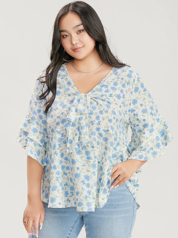 Floral Printed Knotted Front V Neck Ruffle Sleeve Blouse sold by Bloomchic