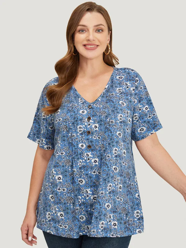 Floral V Neck Button Detail Pleated Front T-shirt sold by Bloomchic