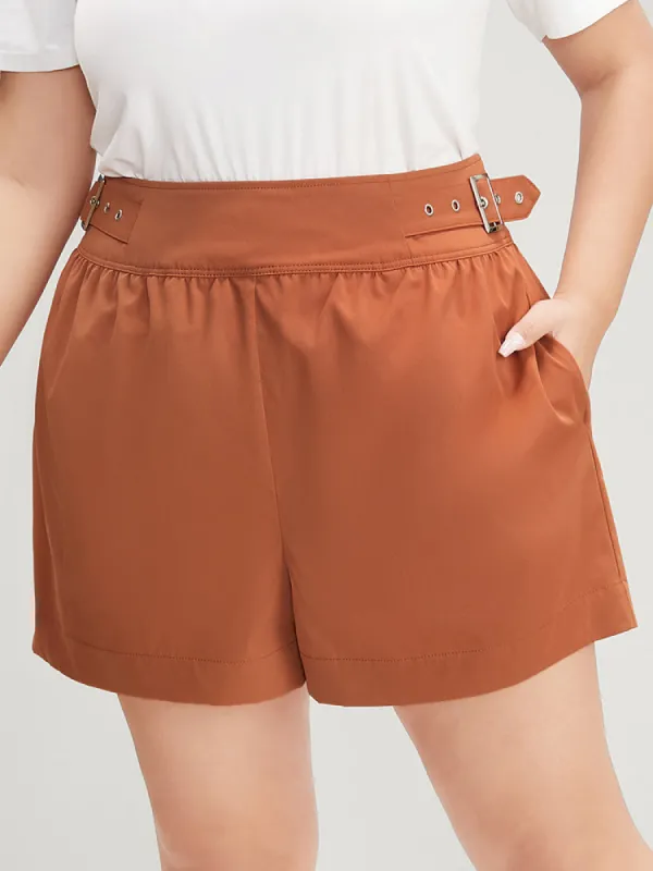 Solid Buckle Detail Zipper Back Shorts sold by Bloomchic