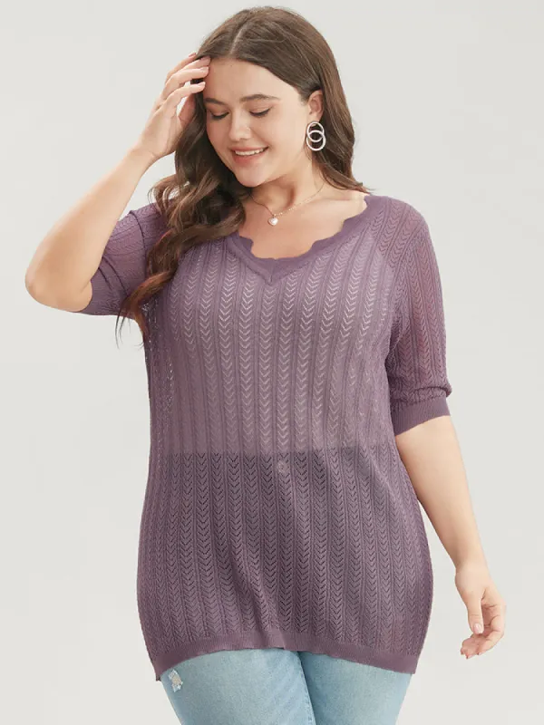 Plain Geometric Lace Trim V Neck Knit Top sold by Bloomchic