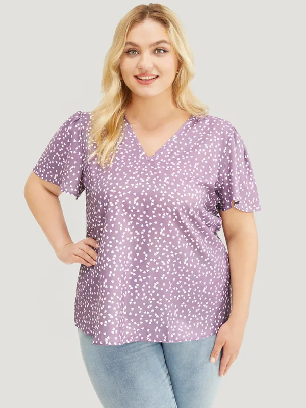 Heart Print Ruffle Sleeve V Neck Blouse sold by Bloomchic
