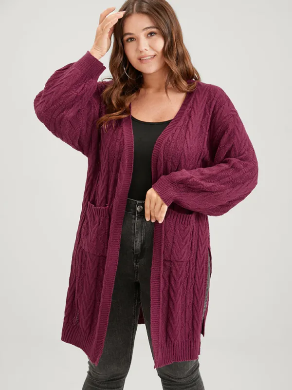 Plain Pointelle Knit Pocket Lantern Sleeve Split Open Front Cardigan sold by Bloomchic