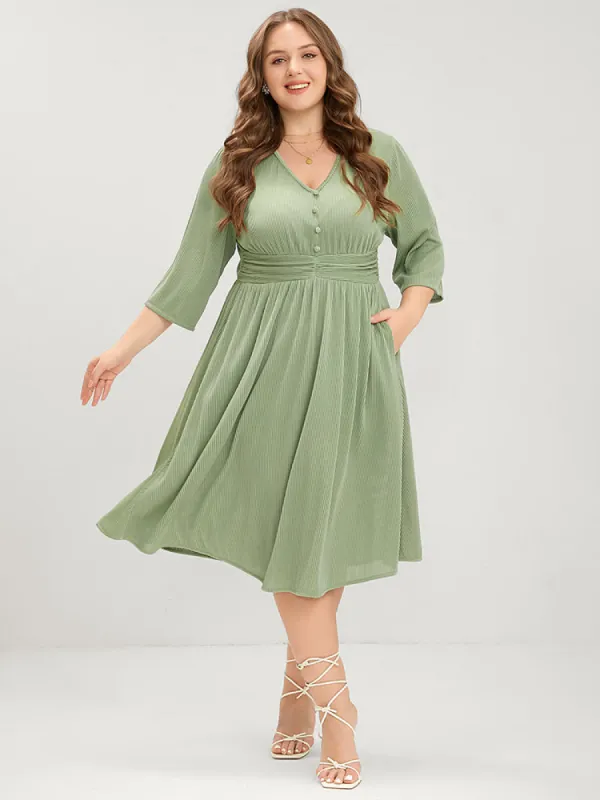 Plain Button Detail Pocket Ruched Rib Knit Flutter Dress sold by Bloomchic