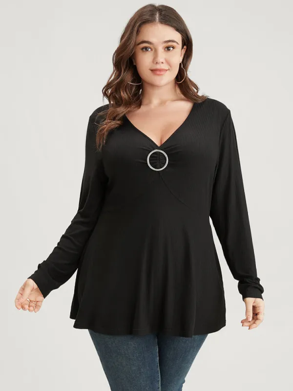 Solid V Neck Buckle Detail Rib Knit Long Tee sold by Bloomchic