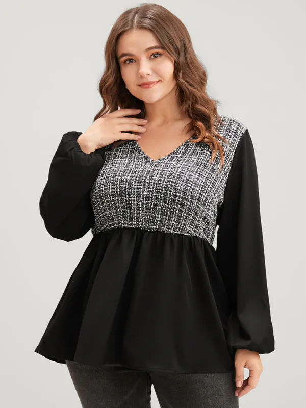 Gingham Tweed Lantern Sleeve Asymmetrical Hem Blouse sold by Bloomchic