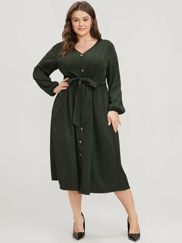 Solid Button Through Pocket Lantern Sleeve Tie Up Dress sold by Bloomchic