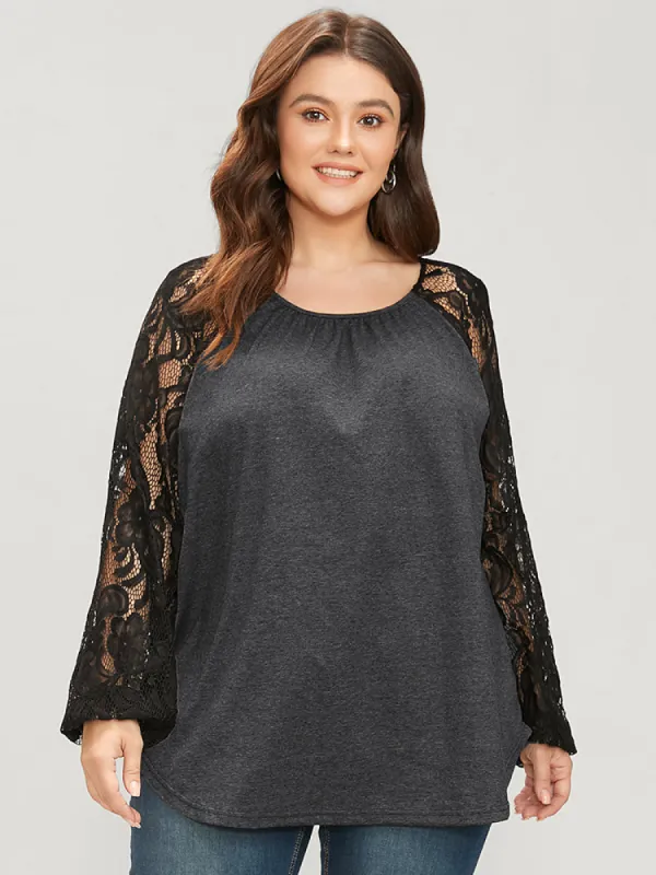 Solid Contrast Lace Gathered Round Neck Long Tee sold by Bloomchic